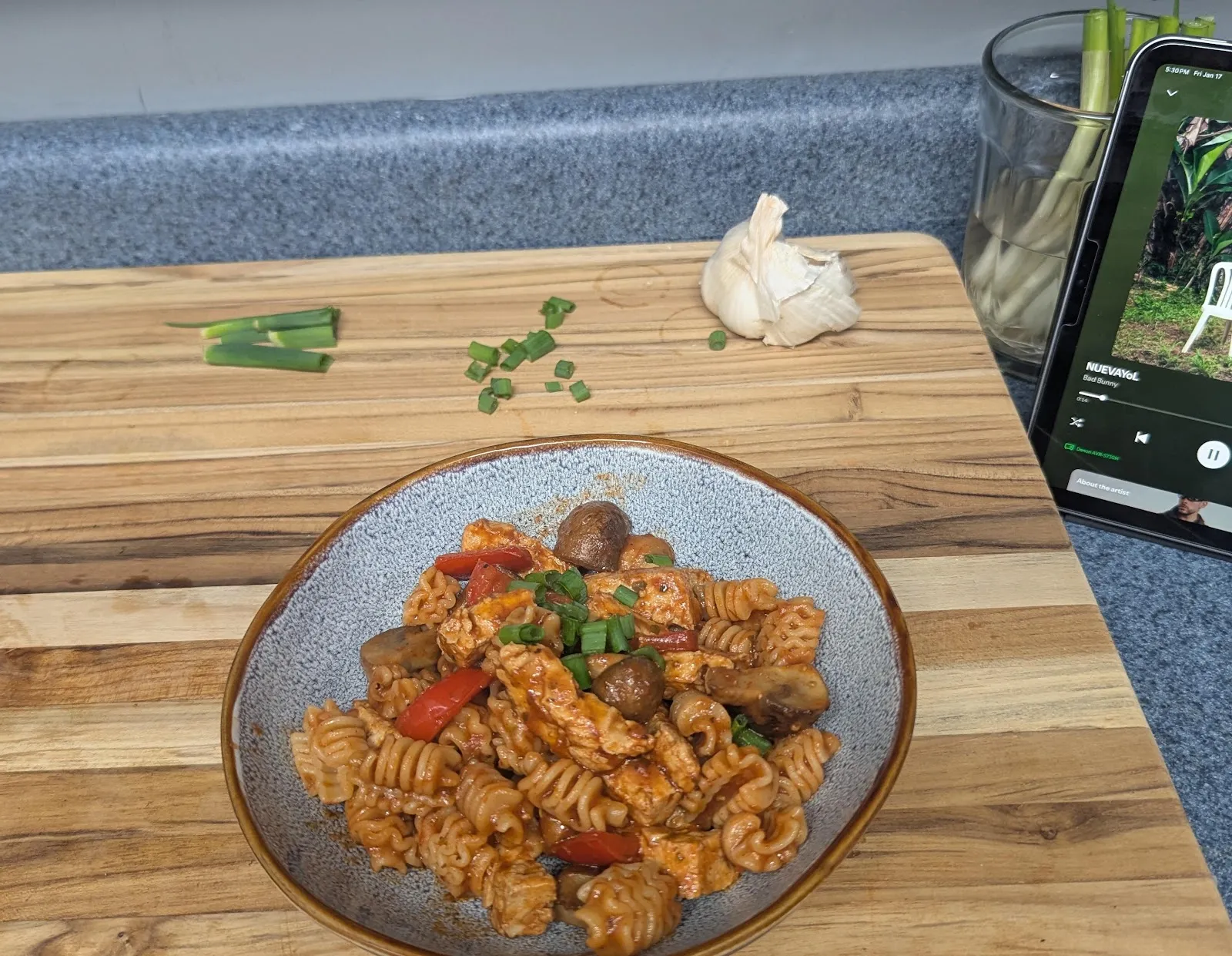 Radiatori pasta in a chunky tomato and mushroom sauce